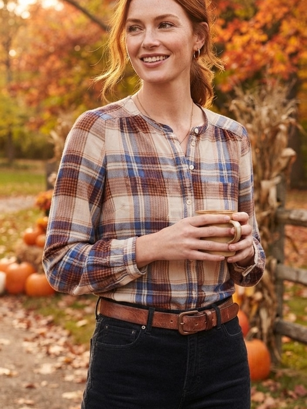 Joie Plaid Silk Henley Blouse in Cream, Brown & Blue